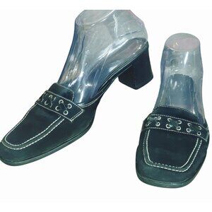 Coach Black Leather Size 7.5 Block Heels Slip On Mules Loafers Iris Suede Square